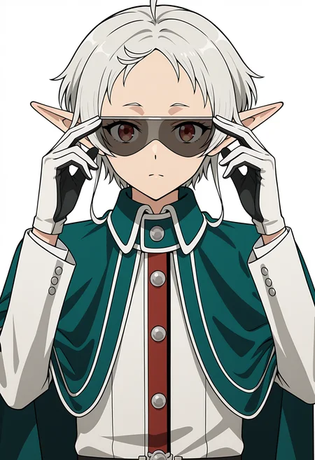 <lora:Sylphiette Greyrat_illustrious-000022:1>,
Sylphiette Greyrat,solo,green cloak,sunglasses,gloves,white gloves,cloak,closed mouth,adjusting eyewear,white jacket,white background,jacket,looking at viewer,simple background,transparent background,upper body
