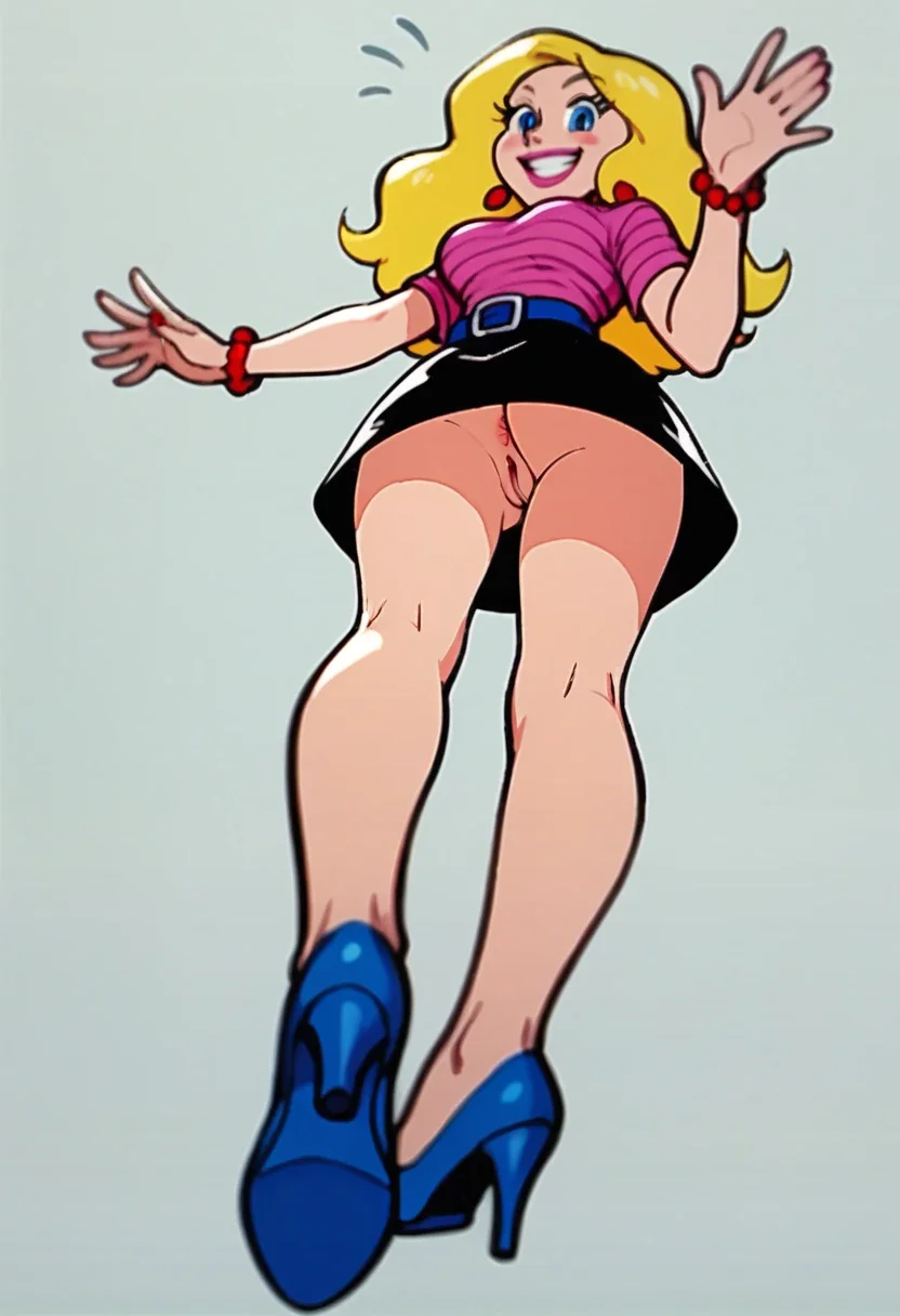 SuzanaTDM, 1girl, pink lips, lipstick, long blonde hair, blue eyes, red earrings, pink shirt, striped shirt, black skirt, red bracelet, blue belt, silver belt buckle, blue high heels, solo, full body, official art,from below, anus pussy, low angle, grin, waving hand, big butt,