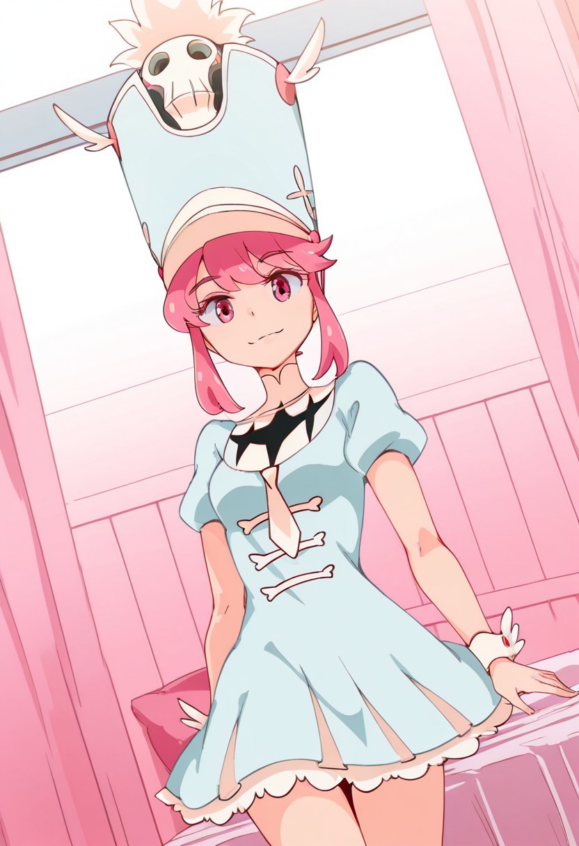 Jakuzure_Nonon, Jakuzure_Nonon, pink_eyes, pink_hair, short_hair_with_long_locks, small_breasts, shako_cap, blue_hat, blue_dress, turtleneck_dress, white_necktie, puffy_short_sleeves, frills, wrist_cuffs
1 girl, , cowboy shot, smile inside, bedroom, dutch angle, posing, 
looking at viewer
nyuu_style