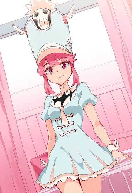 Jakuzure_Nonon, Jakuzure_Nonon, pink_eyes, pink_hair, short_hair_with_long_locks, small_breasts, shako_cap, blue_hat, blue_dress, turtleneck_dress, white_necktie, puffy_short_sleeves, frills, wrist_cuffs
1 girl, , cowboy shot, smile inside, bedroom, dutch angle, posing,
looking at viewer
nyuu_style