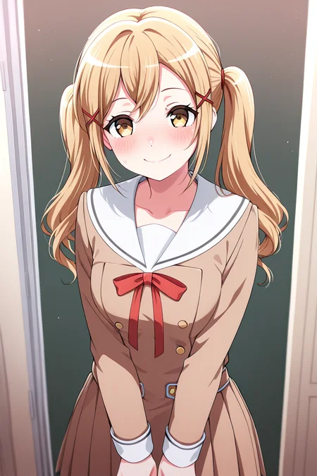 masterpiece, best quality, amazing quality,
<lora:Arisa_IL:1> arisa, 1girl, solo, twintails, hanasakigawa school uniform, x hair ornament, hair ornament, school uniform, dress, blonde hair, smile, brown dress, ribbon, long sleeves, long hair, blush, looking at viewer, sidelocks