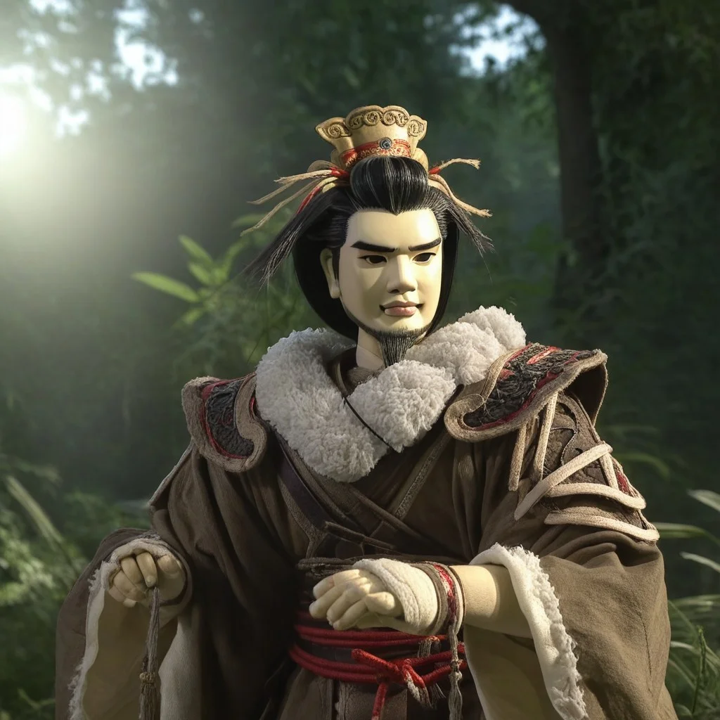 thunderboltfantasy, hIghly detailed photograph of a puppet, shang bu huan, forest glade, trees, mood serene, lighting soft, natural sunlight, perspective portrait,