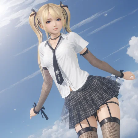 masterpiece, best quality, 1girl, shirt,  blonde hair, star \(sky\), twintails, fishnet thighhighs, dof, flying through the sky, backlighting, pleated skirt, wind lift, dynamic pose,  <lora:marie_rose1-000008:0.8>