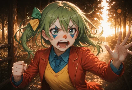amazing quality, highest quality, (masterpiece, perfect composition), blush, dynamic pose, dim light, dramatic lighting, (clean artstyle:1.1), smooth shading, raytracing,
newest,absurdres,incredibly absurdres, best quality, amazing quality, very aesthetic,
1girl, depth of field, blurry foreground, bokeh, trees, fences, curious, re4lity_sync_illu,
cinematic lighting, ambient occlusion, vibrant colors, cozy atmosphere, warm lighting, bokeh effect, shallow depth of field, nostalgic mood, vintage filter, dutch angle, dynamic pose, sexy, action , dynamic, interesting frame, beautiful, dramatic lighting,
amazing quality, highest quality, perfect composition, dim light, smooth shading, raytracing, detailed face, detailed eyes, realistic face, UHD, DSLR,
YaroslavKorneplod, 1 girl, green hair, green and yelloy ribbons, ribbons on the left, clown makeup, necktie, red blazer, gold trim, yellow vest, blue shirt, formal attire, layered clothing