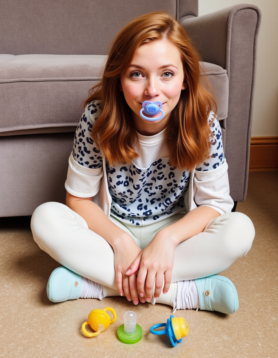 <lora:Dummies (Flux):1>,a woman sitting with a pacifier in her mouth,dummies,looking at viewer,sitting,pacifier,