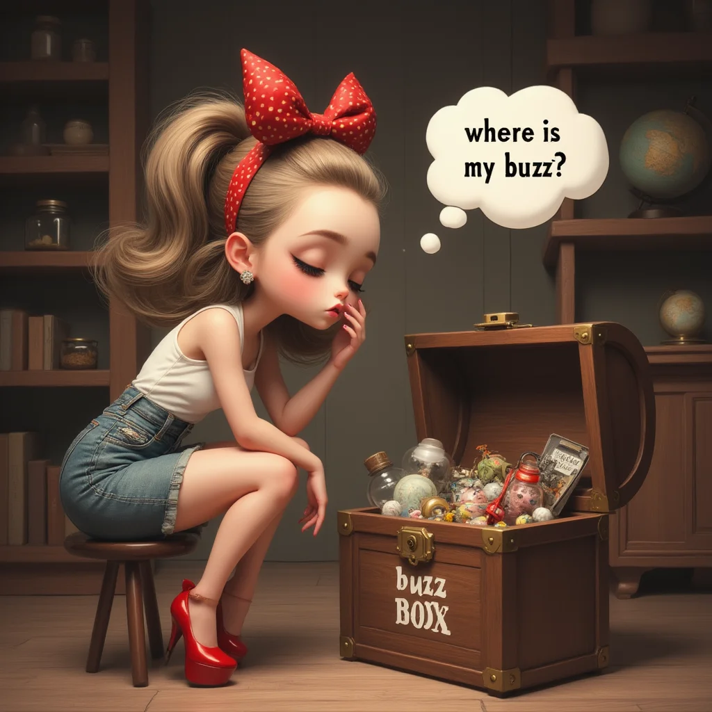 v4hids3cr3t4ry a little girl sitting with a red bow on her head and high-heels, intently examining a wooden chest filled with various items.Above her head a large thought bubble its says "where is my buzz" , The chest has a lock, and a text on the box its read "buzz box". The scene is set in a dimly lit room with wooden walls and shelves, containing various items such as jars, books, and a globe. The color palette is warm, dominated by browns, blues, and golds, creating a cozy and mysterious atmosphere.