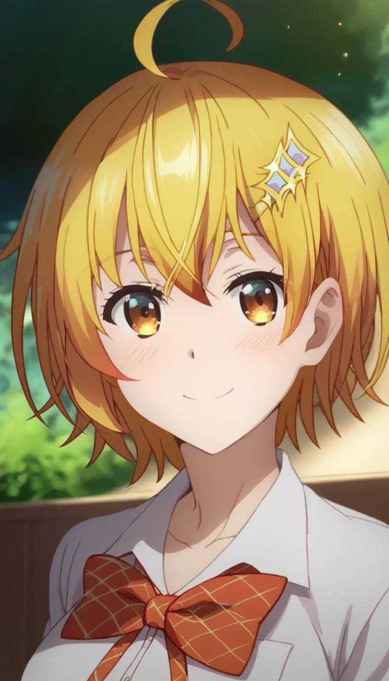 score_9,score_8_up,score_7_up,score_6_up BREAK official art,solo,outdoors,upper body,(portrait:1.5),looking at viewer,facing viewer,smile,blush,Hoshino Kirara,ahoge,short hair,blonde hair,hair ornament,hairclip,hair between eyes,bangs,yellow eyes,collarbone,school uniform,red bowtie,plaid bowtie,white shirt,collared shirt,short sleeves,medium breasts,skindentation,shirt tucked in,blue skirt,pleated skirt,black socks,loafers,brown footwear,<lora:Hoshino Kirara(dhh)-Pony:1.8>,