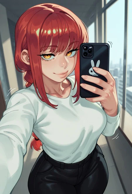 fine detail, high quality eyes, amazing quality, very aesthetic, high resolution, Masterpiece, best quality, (eigaka:0.6), (S4s4k1Nsfw),
solo, looking at viewer, standing, seductive pose, portrait, face close-up shot, selfie, holding smartphone,
1girl, makima from chainsaw man, red hair, long hair, yellow eyes, white shirt, black pants, (medium breasts), arrogant face, thin lips, cute, motion lines, motion blur,
office background, day, indoors