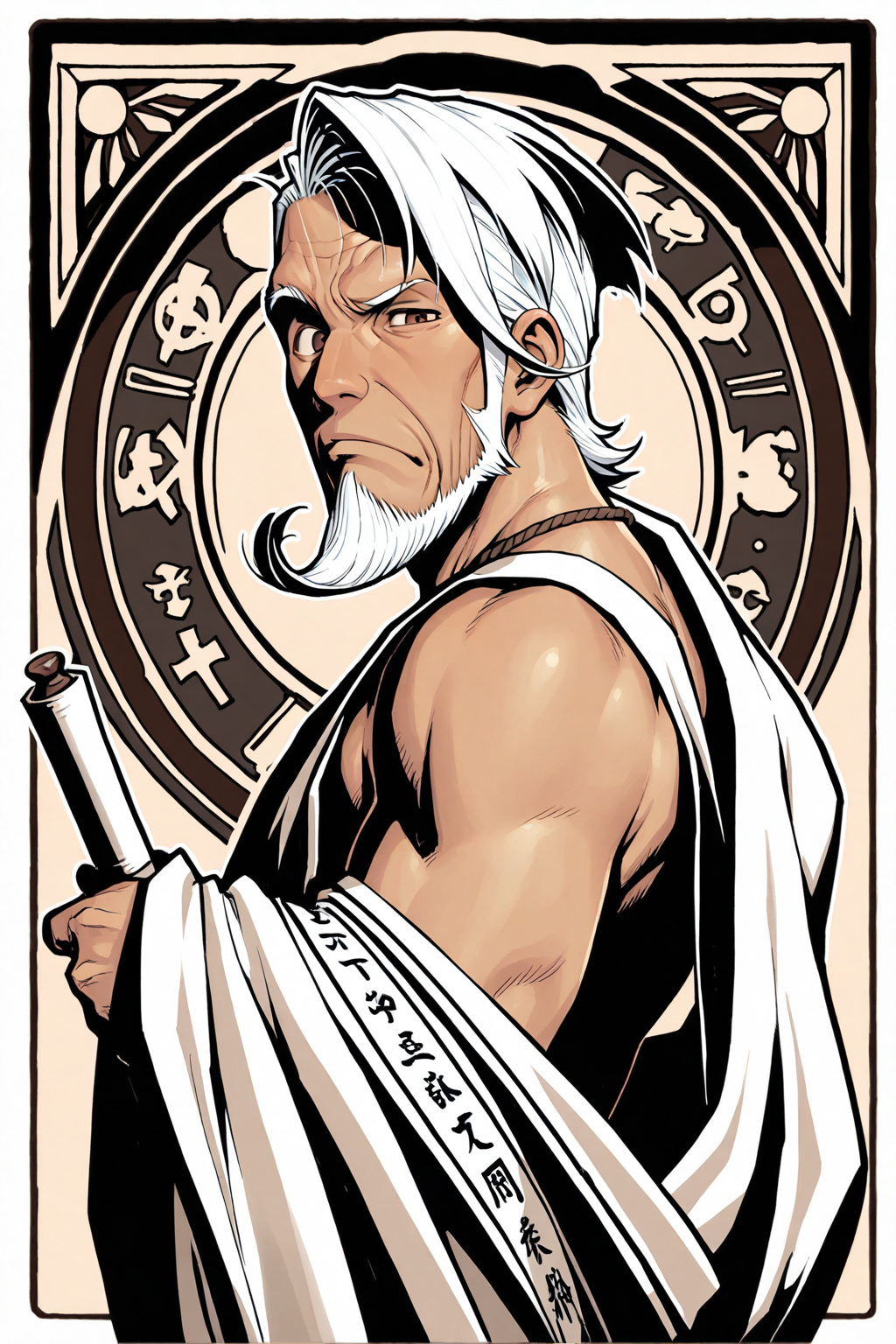 masterpiece, best quality, amazing quality, GENHERAC, 1boy, male focus, old, old man, solo, white hair, sideswept hair, ((sideswept beard)), brown eyes, brown toga, sepia tone, crooked back, holding scroll, raised eyebrow, ancient greece background
