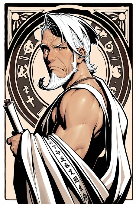 masterpiece, best quality, amazing quality, GENHERAC, 1boy, male focus, old, old man, solo, white hair, sideswept hair, ((sideswept beard)), brown eyes, brown toga, sepia tone, crooked back, holding scroll, raised eyebrow, ancient greece background