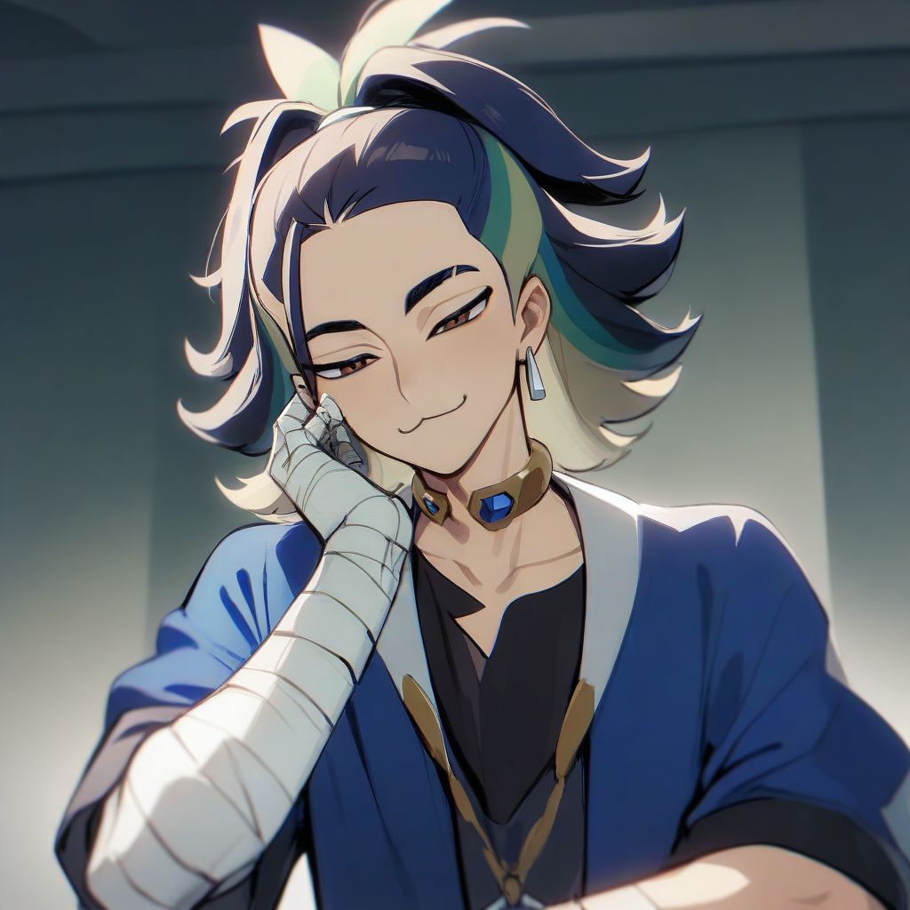 1boy, male focus, brown eyes, multicolored hair, half updo, blue hair, green hair, earring, blue jacket, choker, black shirt, bandaged hand, aesthetic, very aesthetic, absurdres, best quality, solo, smile, :3, smug, half-closed eyes