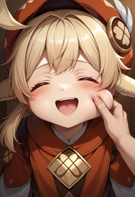 score_9, score_8_up, score_7_up, source_anime, 1girl, cheek pinching, pov hands, <lora:PinchingPOVOneHand_XLPD:1>, upper body, puffy cheeks, indoors, klee \(genshin impact\), closed eyes, happy, open mouth, blush,