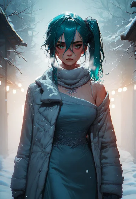 score_9, score_8_up, score_7_up, score_6_up, score_5_up, t4s14, (dramatic lighting, volumetric lighting, cowboy shot, winter, snow, dark, 1girl, teal hair, hair between eyes, side ponytail, gown, cold, wet)