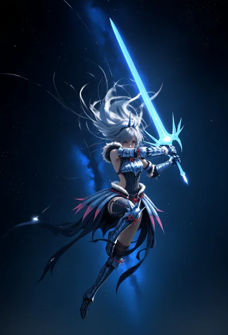 <lora:SDXL\Illustrious\noobai_ep11_stabilizer_v0.58_fp16.safetensors:0.8:1.0> <lora:SDXL\Illustrious\test\wlop.safetensors:0.8:1.0>wlop,1girl,girl focus,jewlery, night sky, black theme, night,stars, galaxy background, floating in space,flowing hair, long hair, white hair,large greatsword,monster_hunter_\(series\),metal_armor,jumping,>:@,holding, BREAK very awa,masterpiece, best quality, amazing quality, very aesthetic, absurdres,