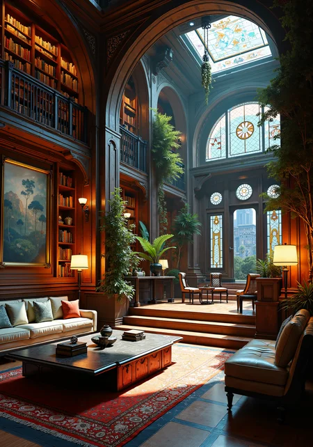 Exquisite interior house featuring dynamic spatial zones, melding historic elegance with futuristic urban modernity. Splendid, mid-sized dwelling showcasing an enchanted library with intricate ornate tapestries, a sleek sci-fi lounge adorned with neon accents, and an eco-friendly kitchen with reclaimed wood textures and cosmic stained glass details. Hybrid ambiance with antique charm, modern minimalism, and subtle mystical hints; masterful lighting with ambient glows, delicate shadows, and ethereal luminescence. Architectural marvel with harmonious blend of rustic beams, polished metals, and otherworldly textures, detailed spatial composition in 8k masterpiece quality. Intricate decor, diverse cultural motifs, refined decorative elements, serene yet surreal atmosphere. <lora:It's a LoRA for portraits, BUT! actually specialized in backgrounds. v1.0:0.3> <lora:MushyFunk:0.2> <lora:flux_dev:1>