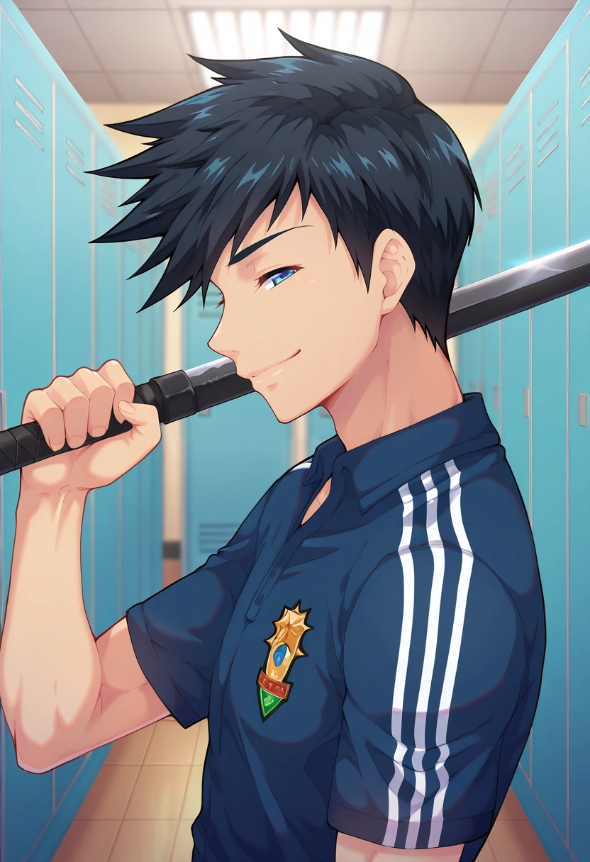 masterpiece, best quality, , (realistic:0.6), looking at viewer, depth of field, 1boy, solo, male focus, <lora:natsumi_hamasaki_ilxl:0.94>, natsumi_hamasaki, black hair, blue eyes, short hair, , profile, locker room, noon, holding weapon, (closed eyes:1.2), smile,