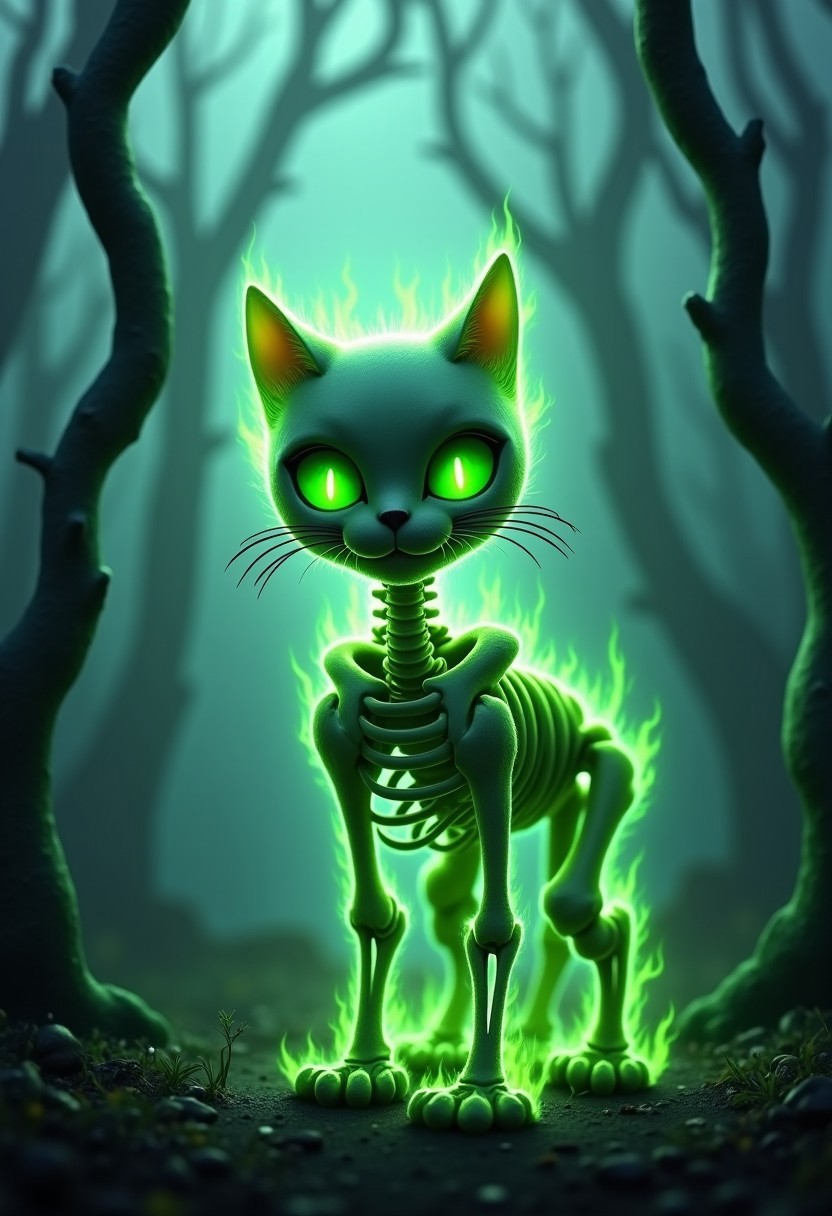 A photorealistic image of a skeletal cat made entirely of bones, completely engulfed in green flames. Dynamic angles. The cat has a cute, endearing expression with glowing green eyes. Set in a spooky forest with twisted trees and a faint mist. 