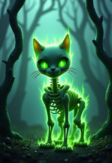 A photorealistic image of a skeletal cat made entirely of bones, completely engulfed in green flames. Dynamic angles. The cat has a cute, endearing expression with glowing green eyes. Set in a spooky forest with twisted trees and a faint mist.