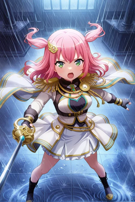 masterpiece, best quality, amazing quality,
<lora:Stella_IL:1> stella, 1girl, sword, weapon, gloves, fingerless gloves, solo, holding, rain, hair ornament, holding sword, green eyes, white cape, holding weapon, open mouth, pink hair, black gloves, two side up, skirt, boots, epaulettes, looking at viewer, bangs, cape, white skirt, stage outfit, stage play