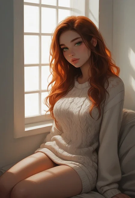 masterpiece, score_9, score_8_up, score_7_up, EasyNegative_v2, (best quality:1.1), ultra-detailed, high resolution, super detailed skin, Highly Visible, 8k, sharp focus, beautiful, perfect lighting, smooth edges, girl, 18 year old girl, cute innocent girl, solo, posing, petite, slender body, large perky round breasts, green eyes, ((freckles, freckle details)), full lips, slim legs, ginger, wavy hair, long hair, soft beige knitted sweater, sitting on cutie, sitting by window, subtle texture, cozy winter style, sitting by rainy cafe window, window reflection, soft rain atmosphere, soft indoor lighting, indoor warmth, soft natural lighting, high angle