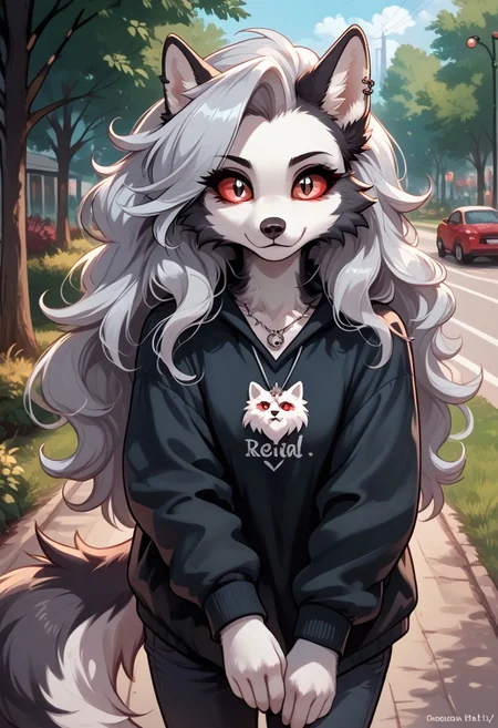 score_9, score_8_up, score_7_up, MegaFluffyPony, furry, fluffy, egirl, Loona Hellhound_(Helluvaboss), Red Scelera, Colored Scelera, Grey-White Fur, slit-like pupils, White Irises( loose hair flowing hair) 5.5 extremely detailed), cute, very fuzzy, cute walking with a husky dog in the park