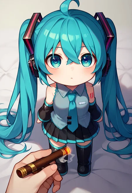 score_9, score_8_up, score_7_up, score_6_up, 1 girl, solo, miku hatsune, ahoge, aqua eyes, aqua hair, crossed bangs, hair between eyes, hair ornament, headphones, long hair, twintails, aqua necktie, black footwear, black skirt, black sleeves, boots, collared shirt, detached sleeves, grey shirt, necktie, pleated skirt, shirt, skirt, sleeveless, sleeveless shirt, thigh boots, tie clip, odoacrime, chibi, pov, hand, holding gun, smoking cigar, <lora:GoDoACrime DoRA PDXL:1>
