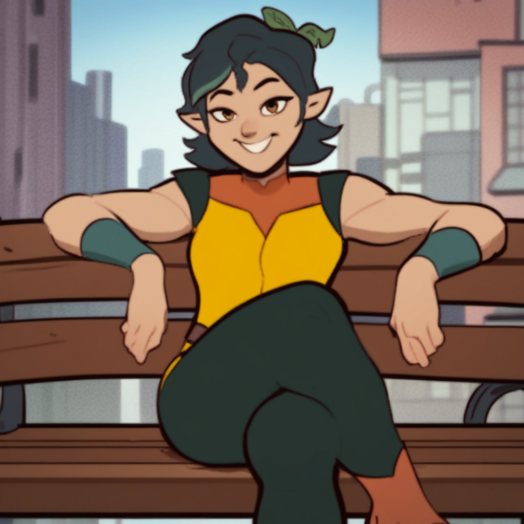 score_9, score_8_up, score_7_up, score_6_up, score_5_up, score_4_up, masterpiece, high quality, detailed, Pandora, plus-sized, muscular, pale skin, pointy ears, green hair, plant on head, Yellow tank top, green pants, outdoors, city, smiling, seductive, looking at viewer, sitting on bench, legs crossed,