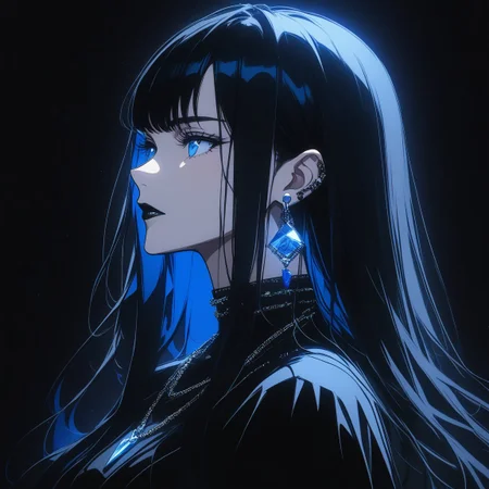 anime girl, best qulity, black hair, long hair, straight hair, blue eyes, black lipstick, necklace, earrings, black outfit, dark background, side view, <lora:gothic_girl:0.6>, <lora:GLSHS:0.8> GLSHS, partially illuminated