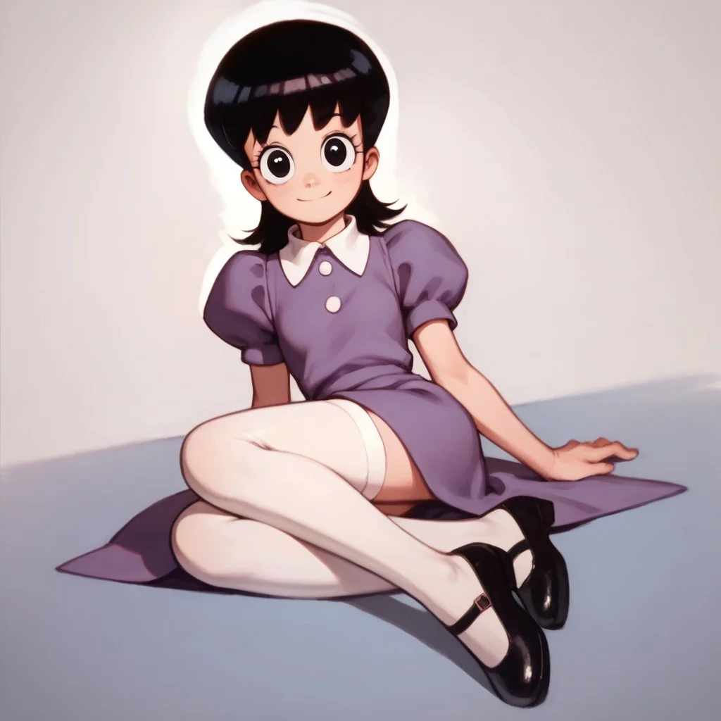 score_9, score_8_up, score_7_up BREAK AyeEyes, 1girl, black hair, black eyes, white buttoned collar, puff sleeve purple dress, white stockings, black mary jane shoes, smiling at viewer,