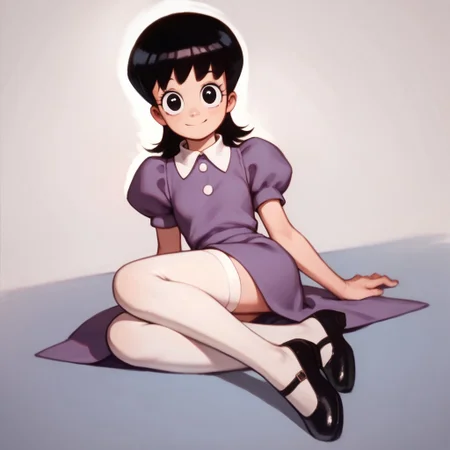 score_9, score_8_up, score_7_up BREAK AyeEyes, 1girl, black hair, black eyes, white buttoned collar, puff sleeve purple dress, white stockings, black mary jane shoes, smiling at viewer,