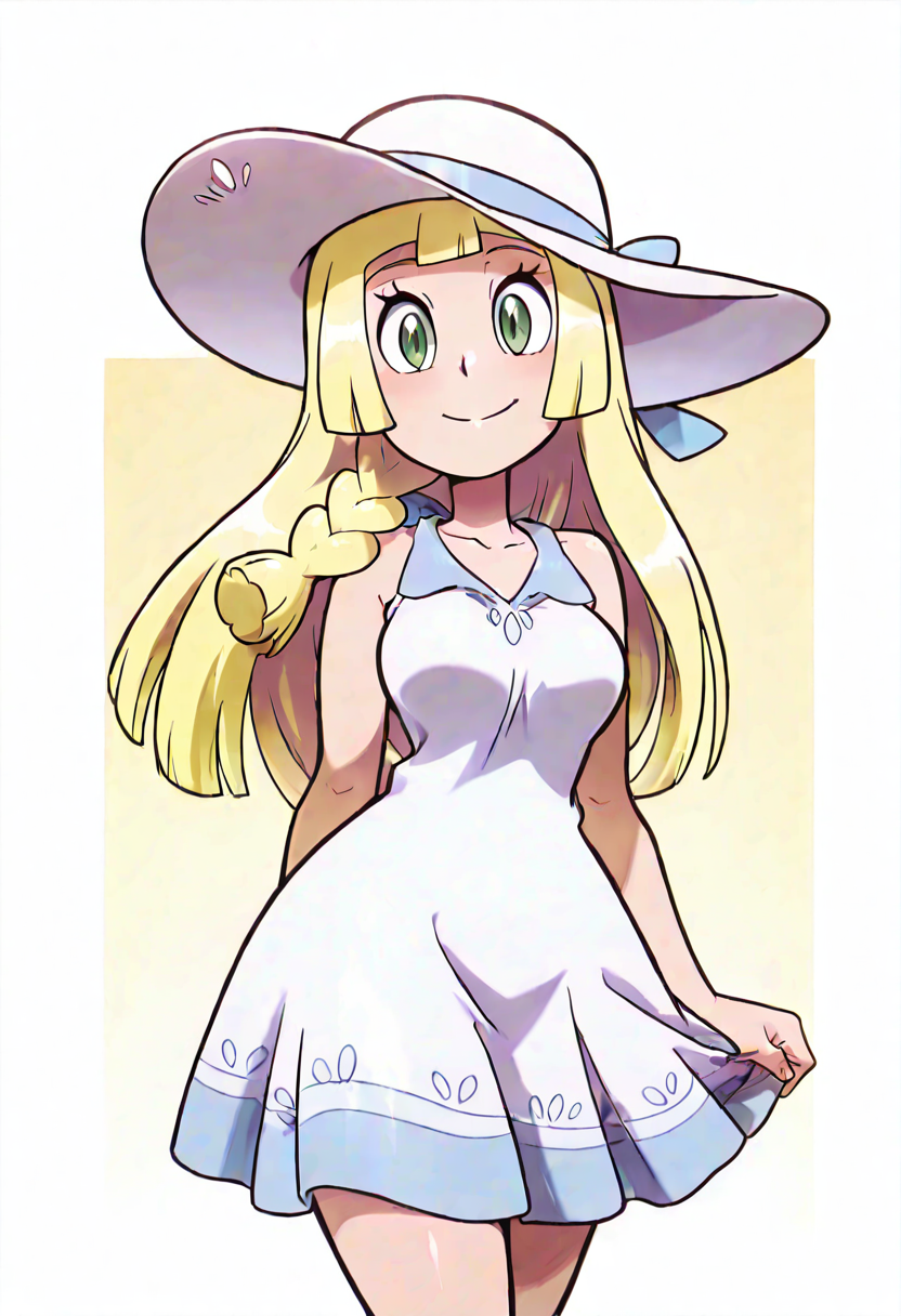 masterpiece, best quality, medium breasts, (curvy),   BREAK, zzLillie, long hair, braid, sun hat, white headwear, collarbone, sleeveless dress, white dress, <lora:LilliePokemon_NAI:1.0>,smile, looking at viewer, cowboy shot,   <lora:theOtherHalfNAI:0.8>,