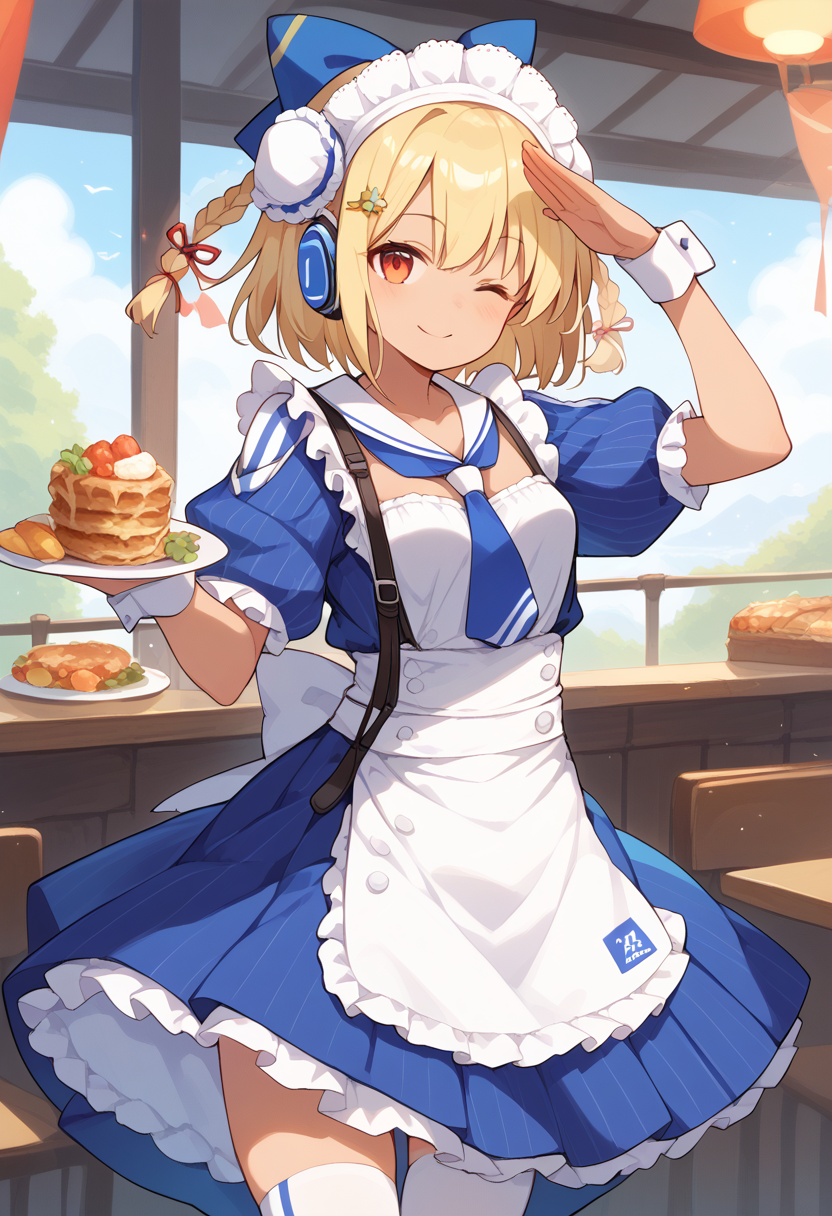 score_9,score_8_up,score_7_up,score_6_up,score_5_up,score_4_up,masterpiece,best quality,1girl,solo,xiatian,dark skin,orange eyes,blonde hair,short hair,twin braids,braid,hair ribbon,blue headphones,maid headdress,blue hair bow,blue necktie,striped dress,short sleeves,puffy short sleeves,frills,waist apron,vertical stripes,thighhighs,<lora:xiatian:1>,cowboy_shot,looking_at_viewer,smile,standing,arms_behind_back,cafeteria,wink,salute,