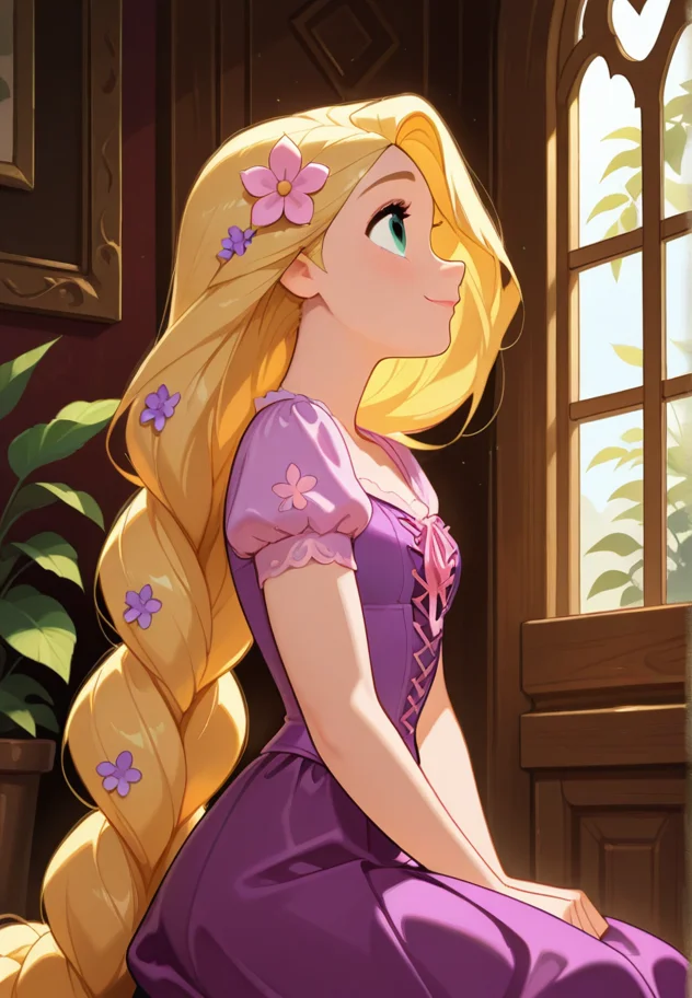 masterpiece, best quality, amazing quality, very aesthetic, absurdres, newest, detailed background, cowboy shot, indoors, dynamic angle, perfect eyes, beautiful eyes,
rapunzelxd, 1girl, looking up, long hair, solo, very long hair, blonde hair, flower, absurdly long hair, sitting, hair flower, hair ornament, puffy sleeves, purple dress, profile, dress, from side, short sleeves, smile, see-through, leaf, puffy short sleeves, single braid, braided hair,
<lora:Rapunzel_-_Disney_Illustrious_r1:1>
