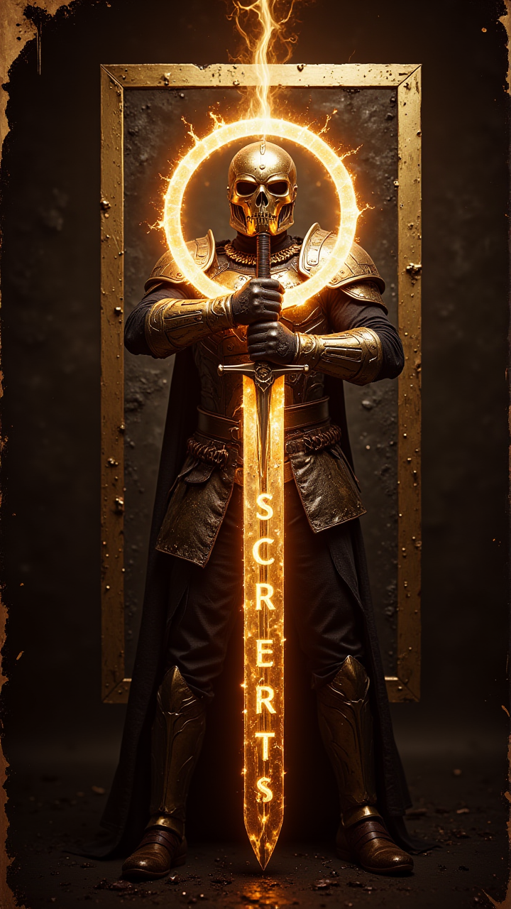 A warrior holding a glowing sword, bronze frame, with a golden shield reflecting light with text: "Secret Lab"