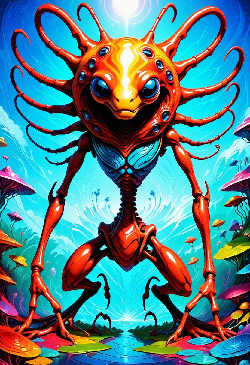 --(very aesthetic, best quality, ultra detailed), intricate details,
masterpiece, perfect, award winning, prize winning, concept art, Jed-Spl4sh,
alien space creature, segmented body, multiple eyes, techno insectoid, pudgy limbs, shiny body, chitlin, antenna, reflective body, alien planet, lush wildlife, colorful, vibrant colors, color contrast, bold lines, crisp lines, sharp lines , asymmetrical,