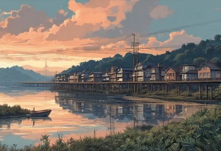 tropical beach, black hair, blue sky, boat, bridge, building, city, cityscape, cloud, cloudy sky, condensation trail, day, field, grass, hill, horizon, house, mountain, mountainous horizon, ocean, outdoors, power lines, road, ruins, scenery, sky, solo, sunrise, sunset, tree, twilight, water, Commodore, pixel, <lora:Commodor_64_Pixel:1>