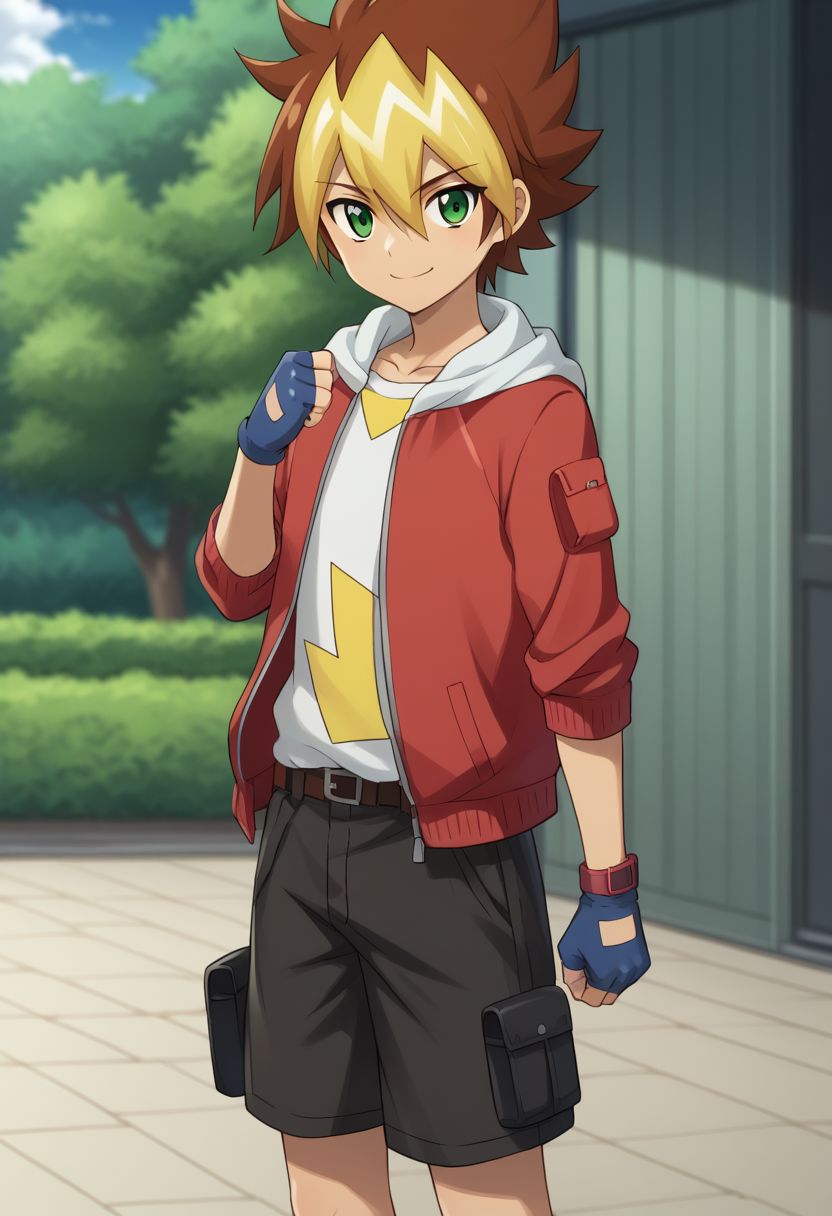 score_9, score_8_up, source_anime, highly detailed, skinny, cute,
yuga, 1boy, male focus, gloves, solo, smile, fingerless gloves, shorts, holding, green eyes, jacket, multicolored hair, hood, shirt, brown hair,
hair between eyes, print shirt, red jacket, hand raised, closed fist,
outdoor, upper body,
