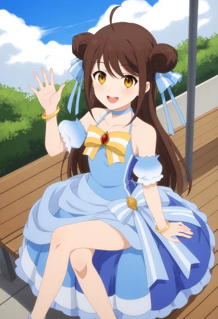 <lora:Falanya Elk Arbalest:1>,
Falanya Elk Arbalest,solo,brown hair,long hair,double bun,yellow eyes,blue dress,ahoge,hair ribbon,choker,jewelry,blue dress,bare shoulders,blue ribbon,yellow bow,upper teeth only,outdoors,sky,cloud,sunshine,sitting,from_above,detached sleeves,waving,smile,looking_at_viewer,full body,crossed_legs