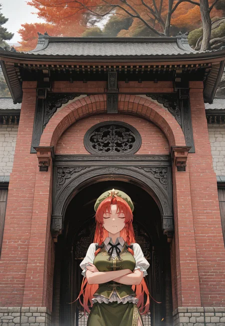 safe_pos, 1girl, Hong Meiling,
standing, crossed arms,
closed eyes, serious face, saliva,
front view, close up, very close up shot,
classical chinese palace,
brick wall,wall,arch, stone wall,tree,in the building,
photo background, real world location,
high res image, masterpiece, perfect quality, best quality, absurdres, scenic, ultra detailed face, detailed eyes,
very awa, HDR