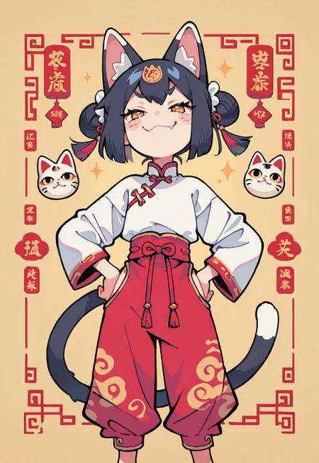1 girl , solo , chinese shirts , chinese pants , maneki-neko cat girl , cat tail , smug ,

masterpiece, best quality ,amazing quality ,S4bit4mago_illu , Protoneon  ,s0wasow4rt_illu,