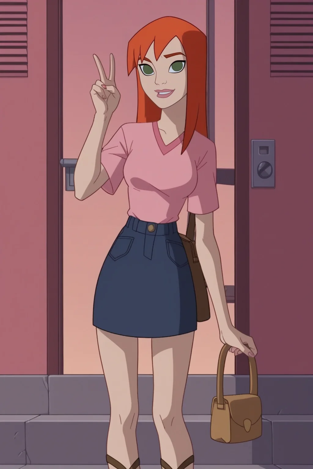 2D, source_cartoon, score_9, score_8_up, score_7_up, score_6_up, score_5_up, score_4_up, BREAK, 1girl, <lora:Mary_Jane-000002:1>, Mary Jane, Marvel, green eyes, orange hair, pink shirt, skirt, sandals, modeling pose, peace sign