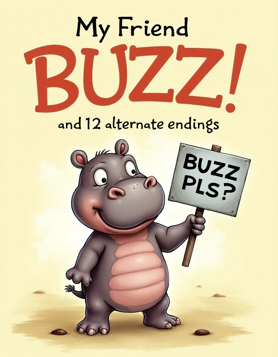 cy04, a book titled âMy Friend BUZZâ, "and 12 alternate endings" an illustration of a baby hippopotamus holding metal sign that says "BUZZ PLS? <lora:choose-your-own-adventure:1>