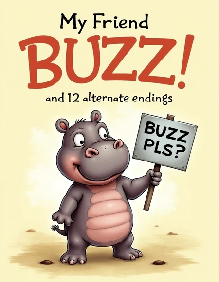 cy04, a book titled âMy Friend BUZZâ, "and 12 alternate endings" an illustration of a baby hippopotamus holding  metal sign that says "BUZZ PLS?  <lora:choose-your-own-adventure:1>