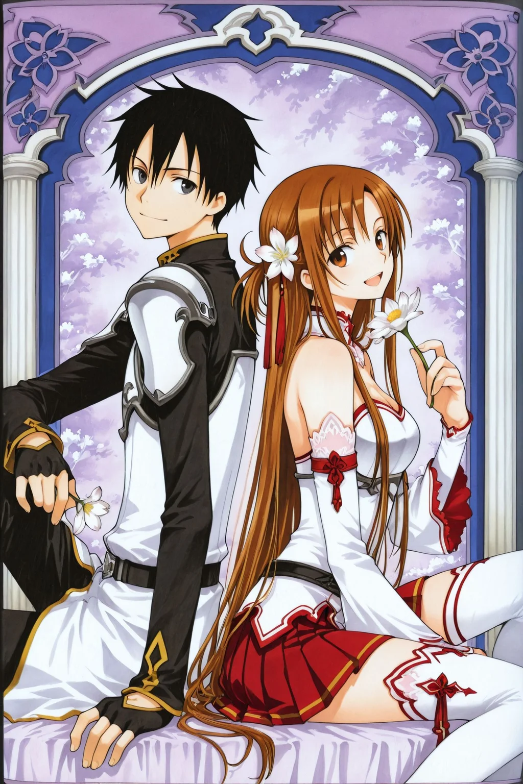 1girl,kirito,asuna (sao),breastplate,1boy,black hair,long hair,armor,back-to-back,thighhighs,brown hair,flower,skirt,brown eyes,white armor,sitting,black eyes,holding,smile,detached sleeves,gloves,fingerless gloves,pleated skirt,red skirt,looking at viewer,open mouth,bare shoulders,hair ornament,black gloves,short hair,white thighhighs,white flower,long sleeves,hair flower,:d,miniskirt,holding flower,looking at viewer,traditional media,
<lora:xxxHOLiC_illustriousXL:1.8>,