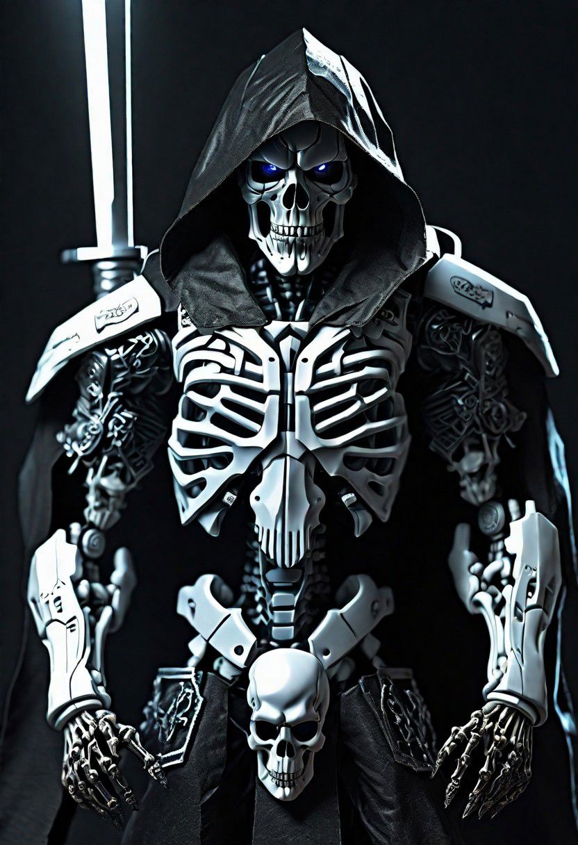 (masterpiece:1.2), best quality, high resolution, perfect lighting, extremely detailed, (Terminator assasin),  battle scared white and black carbon armor,  Wearing a dark cloak with hood, skull face just visable under hood, full_armor, humanoid, Metal Human skull head, (extreme detailed micro mechcanical scary Metal human skull design). Samurai sword shinning silver, Runes decorative embossments over his cloak, slim muscular body fast agile and stealthy, background a dark back street with subtle lighting and shadows, facing viewer, solo,