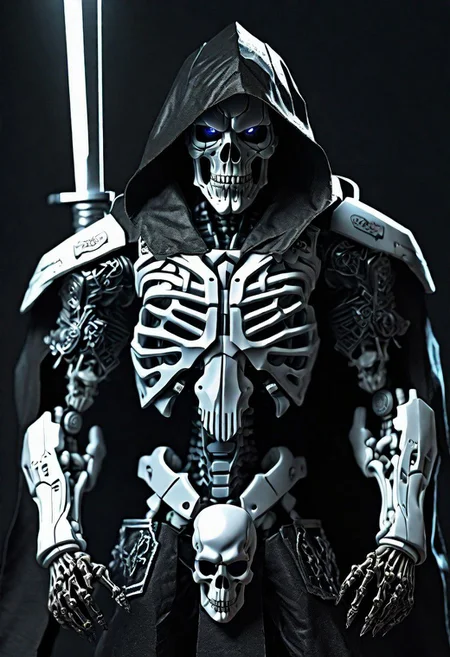 (masterpiece:1.2), best quality, high resolution, perfect lighting, extremely detailed, (Terminator assasin), battle scared white and black carbon armor, Wearing a dark cloak with hood, skull face just visable under hood, full_armor, humanoid, Metal Human skull head, (extreme detailed micro mechcanical scary Metal human skull design). Samurai sword shinning silver, Runes decorative embossments over his cloak, slim muscular body fast agile and stealthy, background a dark back street with subtle lighting and shadows, facing viewer, solo,