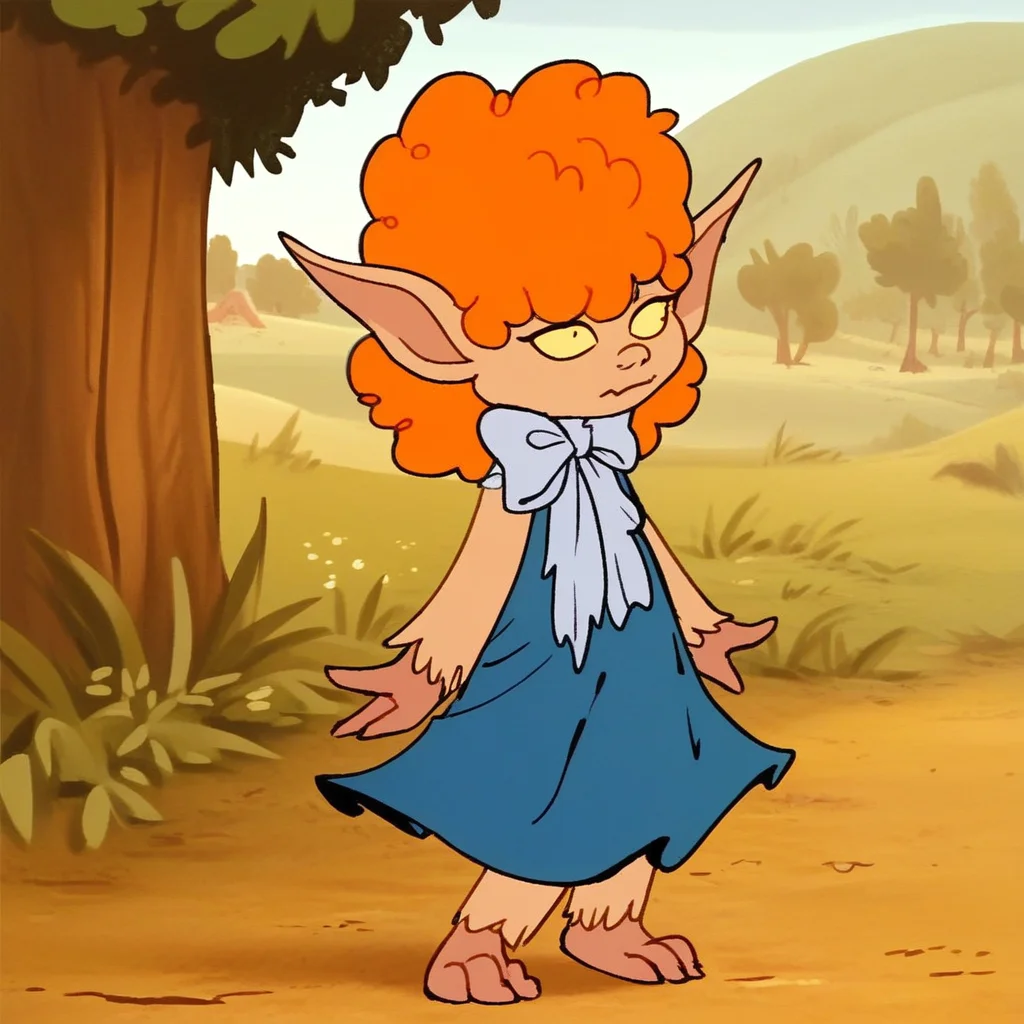 score_9, solo, winnie, orange hair, curly hair, furry, pointy ears, dress, bow, outdoors