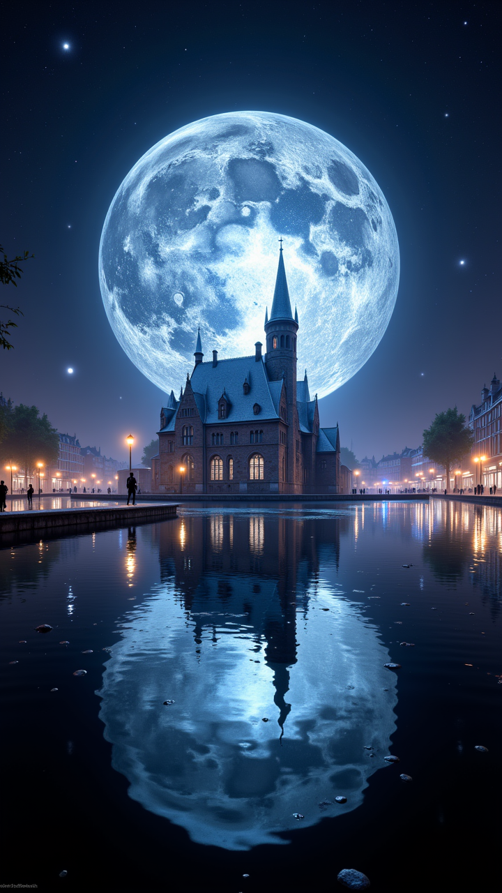 Concept art, In the depths of space, a cosmic sculpture comes to life. The celestial body, ethereal Ghent, shimmers in the light, its surface reflecting off the surrounding water. The water is still and calm, Bokeh, iconic characters and scenes, influencing modern signage and visual communication, Czech art nouveau, iconic American imagery, prominent technology, aidmaimageupgrader
