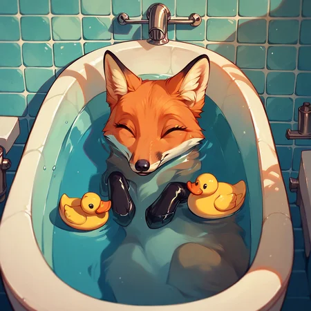score_9, score_8_up, score_7_up, score_6_up, score_5_up, <lora:f0xXLP:1> fox, f0x, cute, bath, rubber duck,
