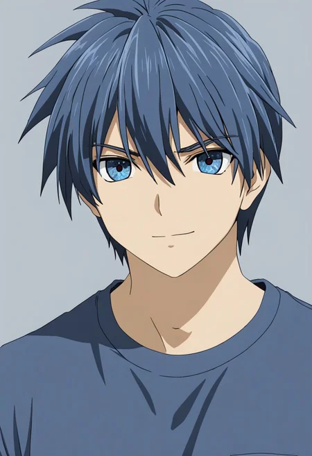 Anime Style, easynegative, detailed_eye_model, Highres, Masterpiece, High Quality, 4K, 8K, solo, 1boy, Tomoya Okazaki, Deep Blue Eyes, Grey Blue Hair, T-Shirt, passport_photo_style, looking at viewer, angry, smile, focused gaze forward, plain background, straight body, head upright